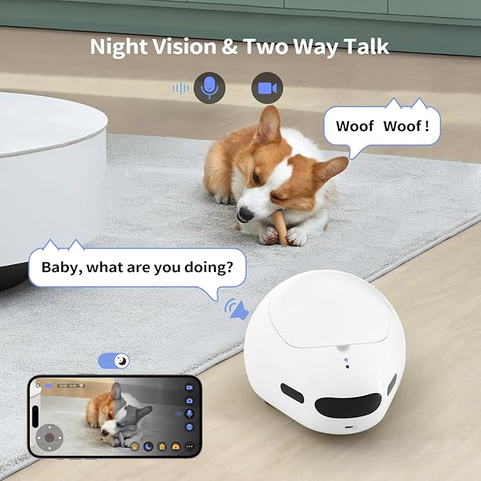 Cat Camera with Interactive Pointer Toy, Moving Robot for Dog and Cat, Mobile Pet Camera Treat Dispenser with Phone App, Auto Recharging and Night Vision, Two-Way Audio (2.4G Wi-Fi Only)-Mewly Pet