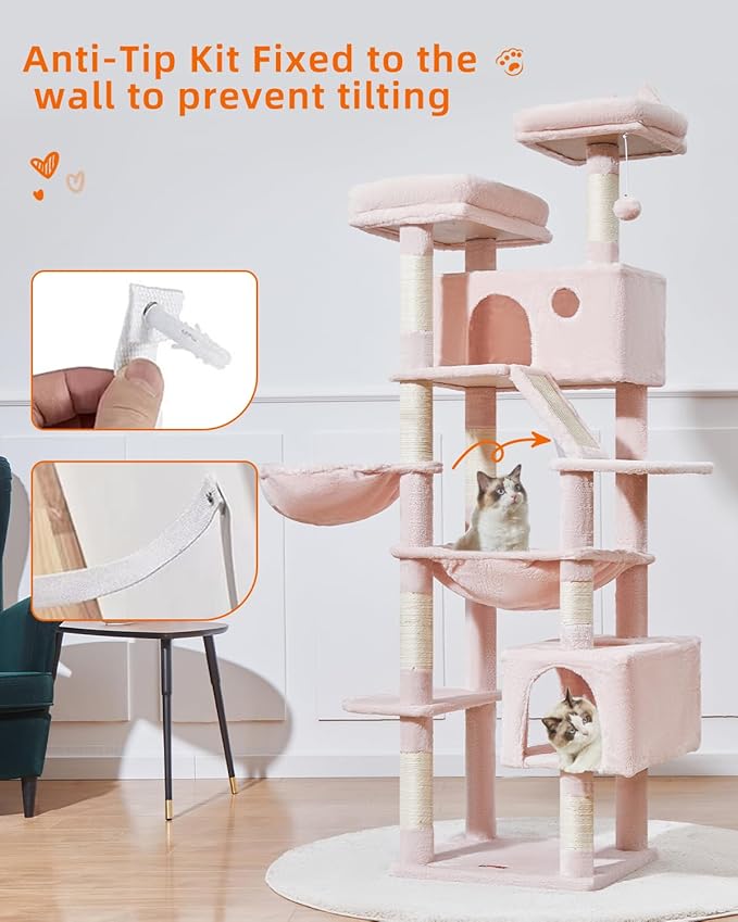 Taoqimiao Cat Tree 71-Inch, Cat Tower for Indoor Cats Large Adult, Multi-Level Large Cat Condo, 8 Sisal Scratching Posts, Metal Frame Cozy Hammock, Scratch Board, 2 Top Perches, Jelly Pink MS026LP-Mewly Pet