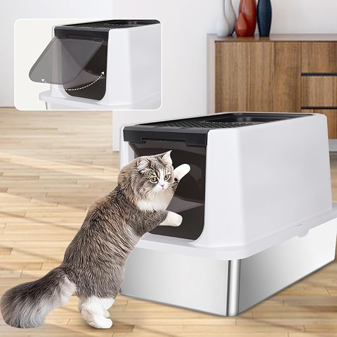 RIZZARI Stainless Steel Cat Litter Box, Odorless Enclosed Litter Box with Top Holes, Large Litter Pan for Small to Large Sized Cats (Black, 23.8" L*15.9" W*16.1" H)-Mewly Pet