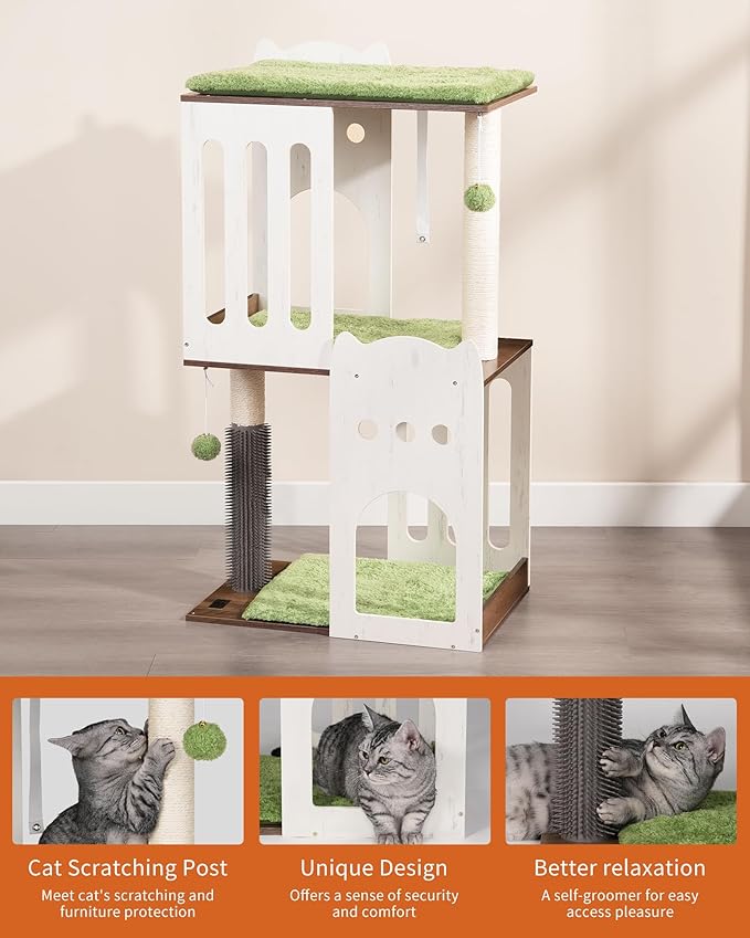 FourFurPets 43.7in 3-Tier Modern Cat Tree Tower Condo, Cat Scratch Posts for Indoor Cats, Big Plate, Two 19.7in Full Sisal Scratching Posts, White-Mewly Pet