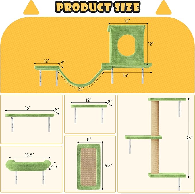NUNU LAB Wall Mounted Cat Furniture, 6 Pcs Cat Wall Shelves with Condo House, Bridge, Steps, Scratcher, Hammock, Indoor Safe & Stable Furniture for Kittens Play, Green-Mewly Pet