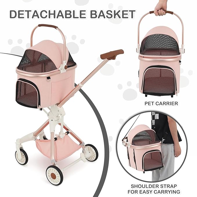 MoNiBloom 3 in 1 Pet Stroller with Adjustable Handle, Jogging Stroller w/Detachable Carrier & Lightweight Aluminum Frame for Dogs Cats, Soft Pink-Mewly Pet