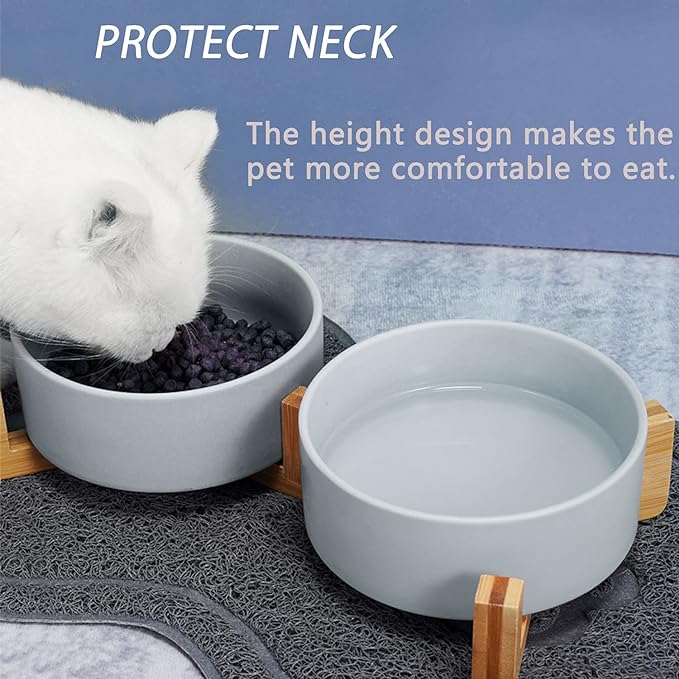Petygooing Dog Bowls,Grey Ceramic Cat Dog Bowl Set with Wood Stand for Food and Water,Non-Slip Cute Modern Pet Dish Set for Cats and Medium Dogs (28OZ/6.1 in)-Mewly Pet
