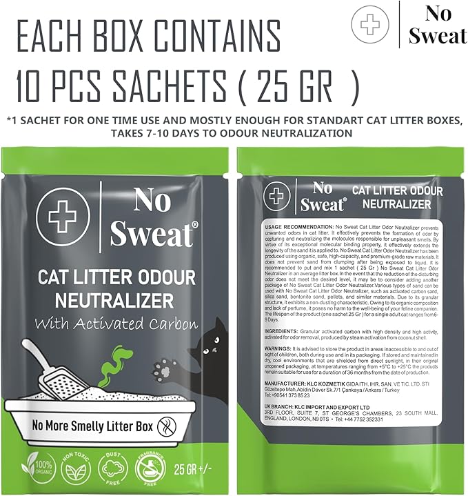 No Sweat Activated Carbon Cat Litter Odour Neutralizer- Made Of Coconut Shell -All Natural - None Chemical,Toxic Ingredients- Non-Scented-Planet Friendly-Disposable 10 Packs in One Box 250 GR-Mewly Pet