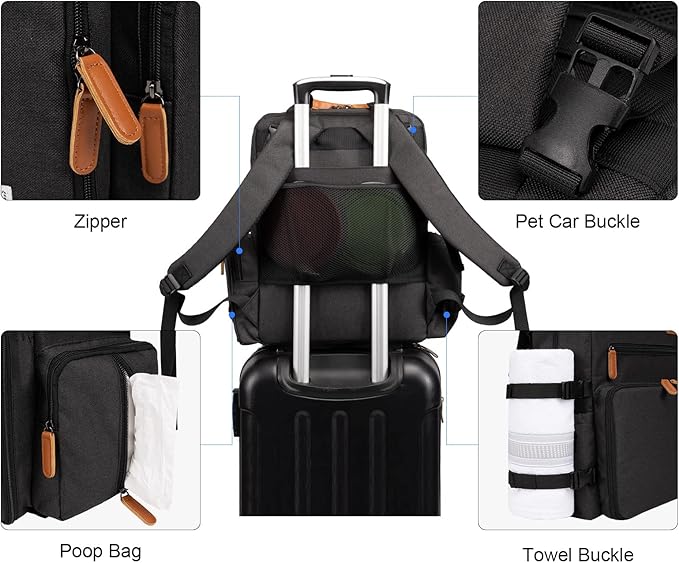 Modoker Dog Travel Bag, Airline Approved Backpack for Pet Accessories Organizer, Tote Weekend Bag with 2 Dog Food Storage Containers, 2 Collapsible Bowls, 1 Pet Mat, Black-Mewly Pet