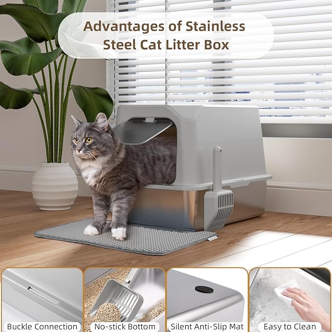Stainless Steel Cat Litter Box with Lid, Extra Large, Great for Large & Small Cats, Easy to Clean, Anti-Leakage, Non-Sticky, Multifunctional 2 in-1 Metal Cat Litter Box - Light Gray-Mewly Pet
