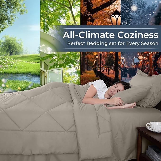 HEVUMYI Oatmeal King Comforter Set - 7-Piece All Season Bed in a Bag King, Ultra Soft Bedding Set with Comforter, Flat Sheet, Fitted Sheet, Pillowcases, Pillow Shams