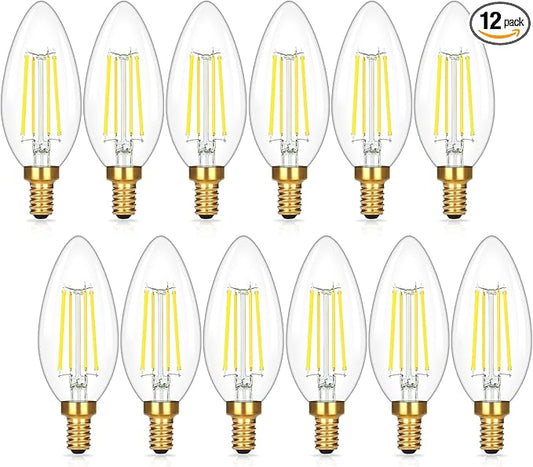 Brightever E12 Candelabra LED Light Bulbs 60 Watt Equivalent, 12 Packs Super Bright 620 Lumen, 6W Clear LED Candle Bulbs, Daylight White 5000K Dimmable Chandelier Light Bulbs for Ceiling Fan