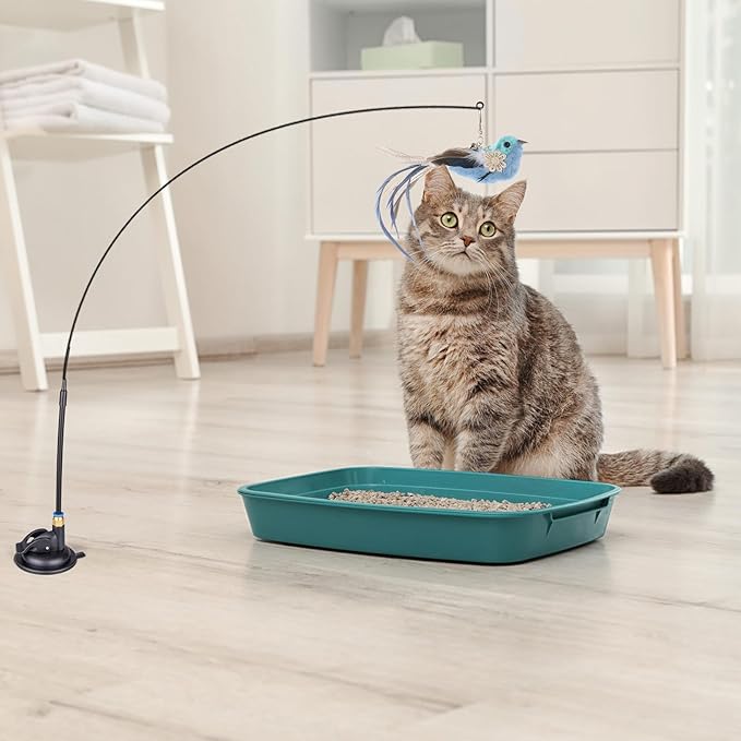 Cat Feather Toys, 10PCS Toys with Super Suction Cup, 2PCS Detachable Wand & 6PCS Replacement Teaser Refills, Interactive Indoor Cat Play-Mewly Pet