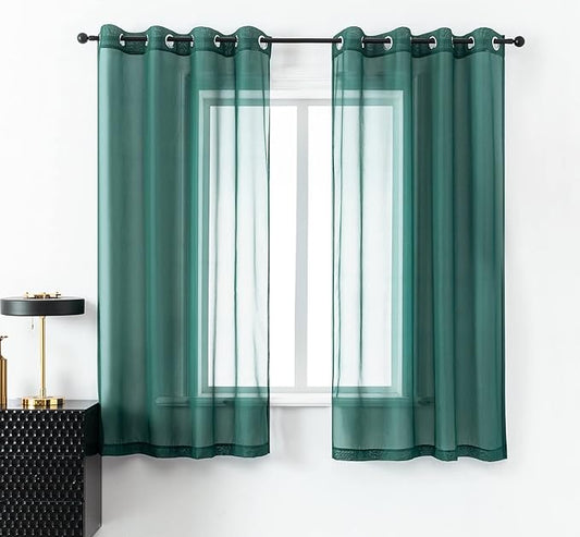 DUALIFE Hunter Green Sheer Curtains 45 Inch Length,Look Semi Sheer Curtain Drapes for Living Room Bedroom Loft Kitchen Bathroom Privacy Voile Window Treatment Panels,52 x 45 Inches,Set of 2
