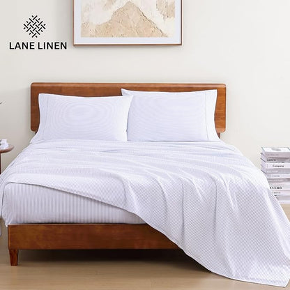 LANE LINEN 100% Organic Cotton Printed King Size Sheets Set, Soft & Comfy Fully Elasticized Percale Low Pilling Machine Washable All Season Printed Oeko-Tex Cotton King Sheets- Ticking Stripe