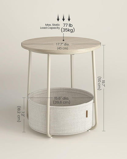 VASAGLE LILEA Collection - Small Round Side End Table, Modern Nightstand with Fabric Basket, Cream White ULET223K67