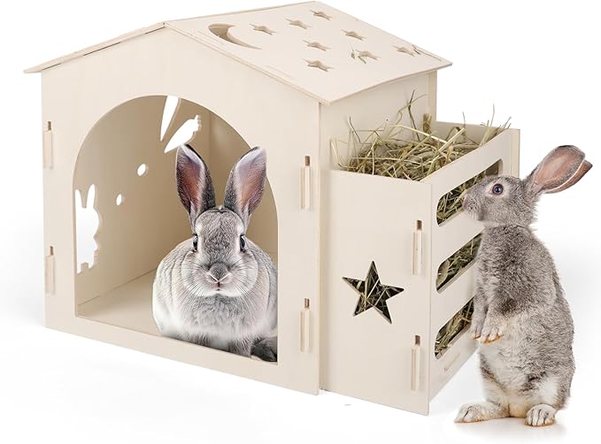 Extra Large Rabbit House & Rabbit Hay Feeder, Indoor Bunny Hideout with Feeder, Small Animal Houses & Habitats and Guinea Pig Hay Feeder-Mewly Pet