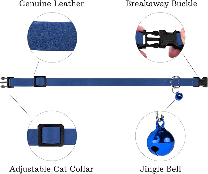 Breakaway Cat Collar Leather with Removable Bell - 13 Colors Available - Soft Adjustable Girl Boy Safety Lightweight Pet Kitten Collars Pink Brown Blue Green Red Orange Black (Blue)-Mewly Pet