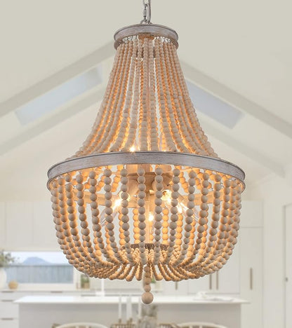Q&S Farmhouse Wood Beaded Chandelier,Oak White 8-Lights Retro Vintage Antique Rustic Boho Pendant Light Fixture for Foyer Living Room Bedroom Kitchen Dining Room Office Nursery UL Listed