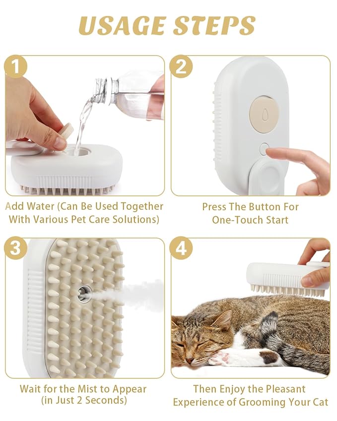 6 in 1 Cat Steam Brush for Shedding, Portable Anti-Static Grooming Comb for Cats & Dogs, Steam Misting Water Brush, Self-Cleaning Pet Hair Remover, Indoor Cat Spray Brushes for Cats & Dogs-Mewly Pet