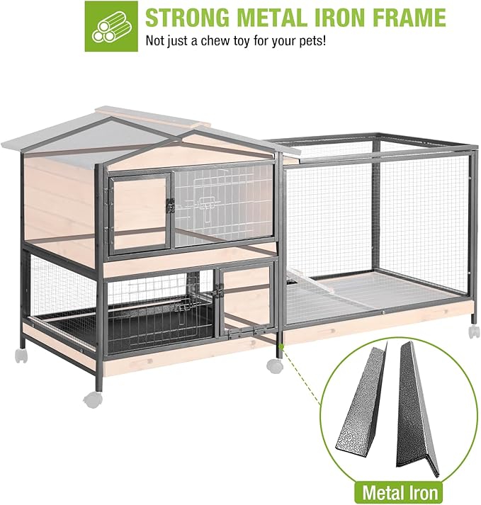 GUTINNEEN Rabbit Hutch with Chew-Resistant Metal Frame Indoor Bunny Cage Outdoor Rabbit Cage with Wheels and Leakproof Tray-Mewly Pet