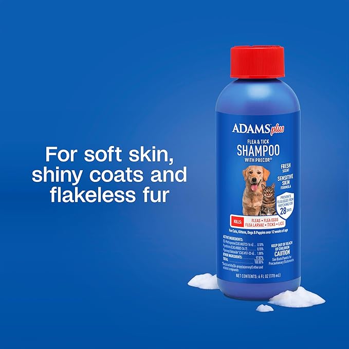 Adams Plus Flea & Tick Shampoo with Precor for Cats, Kittens, Dogs & Puppies Over 12 Weeks Of Age |Sensitive Skin Flea Treatment for Dogs & Cats |Kills Adult Fleas, Flea Eggs, Ticks, and Lice |6 Oz-Mewly Pet