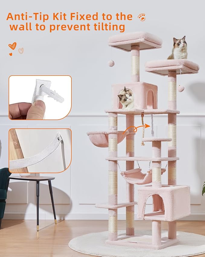 Taoqimiao Cat Tree, 71-Inch Cat Tree Cat Tower for Indoor Cats, Plush Multi-Level Cat Condo with 10 Scratching Posts, 2 Perches,Basket, 2 Caves,Hammock, 2 Pompoms,MS020P Jelly Pink-Mewly Pet