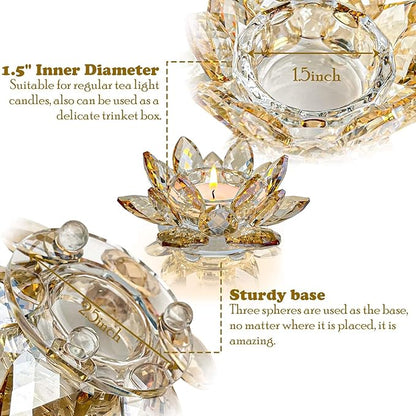 Crystal Lotus Flower Tealight Candle Holders/Glass Tea Light Candlestick Decor Decoration for Christmas Home Wedding Party… (1, Gold 2pcs)