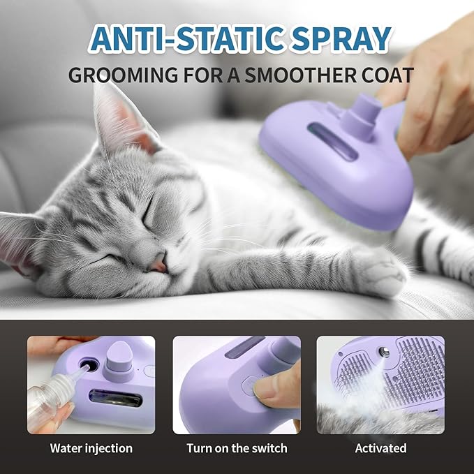 3 in 1 Steam Cat Brush for Shedding - Self-Cleaning Dog Grooming Tool for Long and Short Hair Pets - Removes Static, Flying Hair, and Loose Fur (Purple)-Mewly Pet