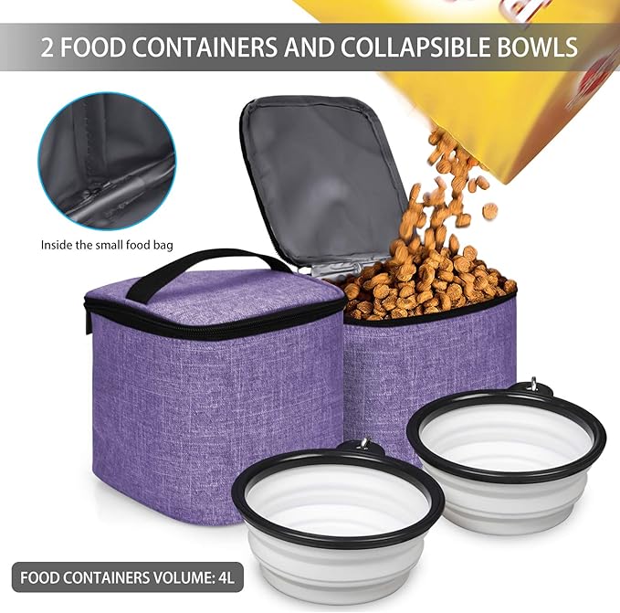 BAGLHER Pet Travel Bag, Double-Layer Pet Supplies Backpack (for All Pet Travel Supplies), Pet Travel Backpack with 2 Silicone Collapsible Bowls and 2 Food Baskets Purple-Mewly Pet