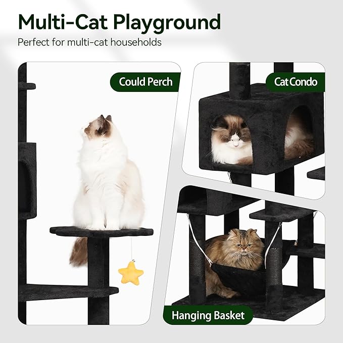 85inch Giant Cat Tree for Heavy Duty Big Cats, Multi-Level Luxury Cat Tower with Scratching Post, Cat Condo with Hammocks & Plush Perches for Indoor Cats Large Adult, Black-Mewly Pet