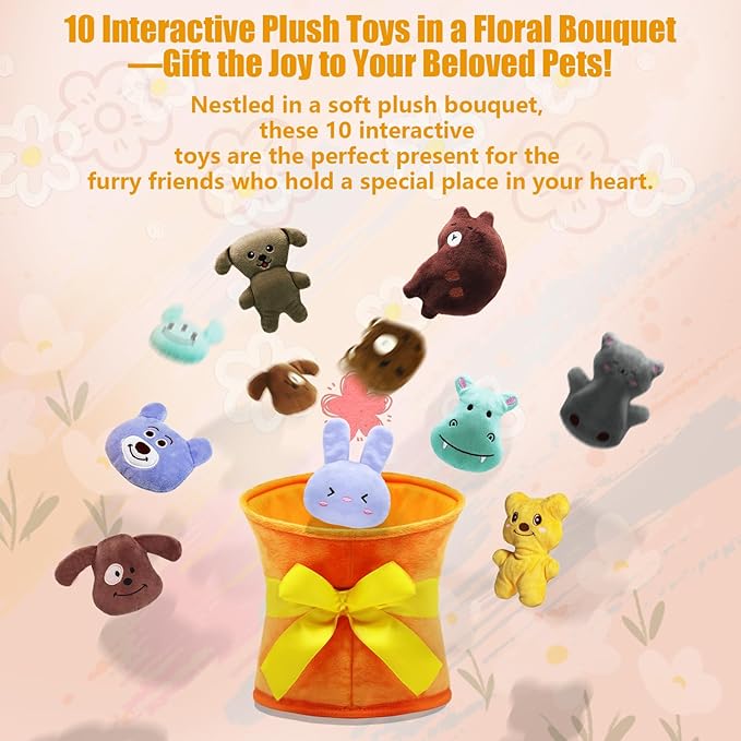 Squeaky Dog Toys, 11 Pcs Interactive Dog Plush Toy Collection in Flower Bouquet Packaging,10 Adorable Animal Plushies for Endless Play & Training-Mewly Pet