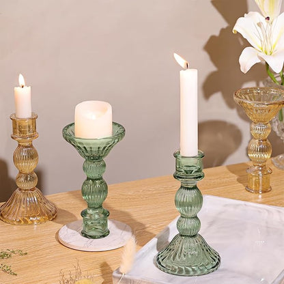 DARJEN 2 Pcs Green Candlestick Holders - Vertical Stripe Glass Candle Holders for Taper and Votive Candles, Taper Candle Holder for Home, Wedding, Decor & Table Centerpieces