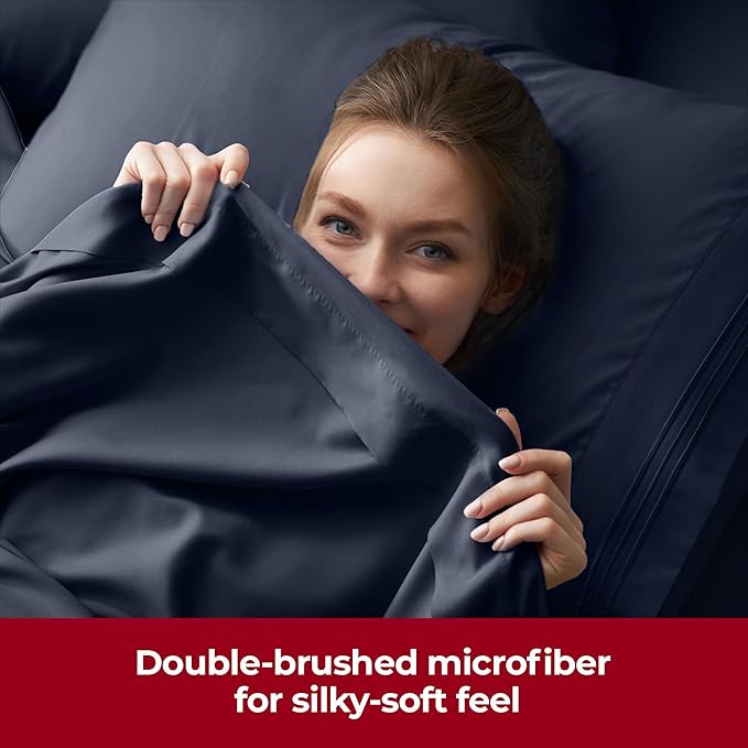 Mellanni Extra Deep Queen Sheets - 4 PC Iconic Collection Bedding - Hotel Luxury, Ultra Soft, Cooling Bed Sheets - Wrinkle, Fade, Stain Resistant (Queen, Navy Blue)