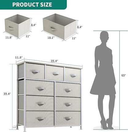 YITAHOME Dresser with 9 Drawers - Fabric Storage Tower, Organizer Unit for Living Room, Hallway, Closets - Sturdy Steel Frame, Wooden Top & Easy Pull Fabric Bins (Cream White)