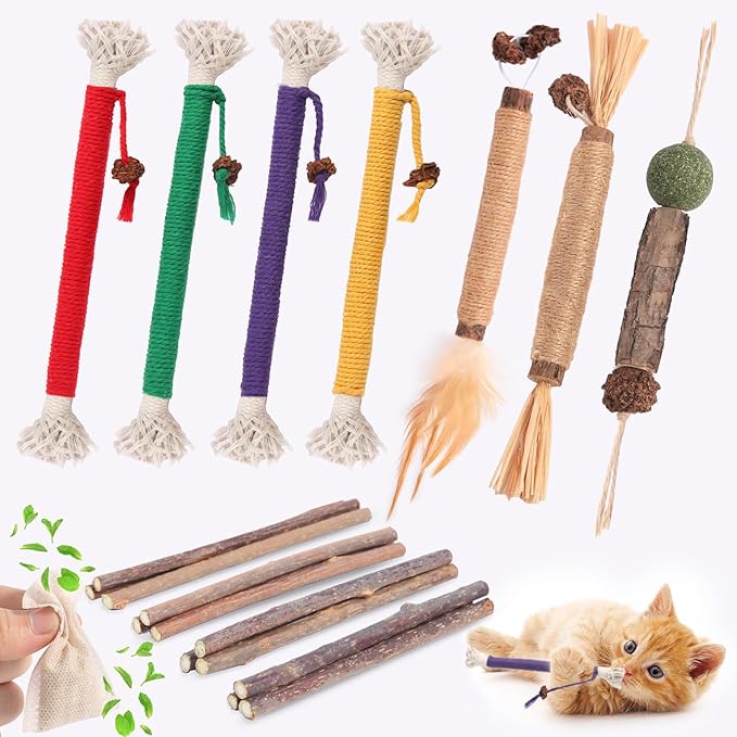 Cat Toys Cat Chew Toys, Silvervine Sticks Catnip Rope Toys for Cats Teeth Cleaning, Kitten Dental Care, Kitty for Indoor Cats Increase Appetite,Enhances Oral & Dental Health (20 Pack)-Mewly Pet