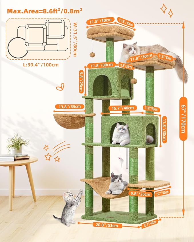 Taoqimiao Cat Tree, 66.2-Inch Cat Tower for Indoor Cats, Plush Multi-Level Cat Condo with 7 Scratching Posts, 2 Perches, 2 Caves, Hammock, 2 Pompoms, MS013T Cactus-Mewly Pet