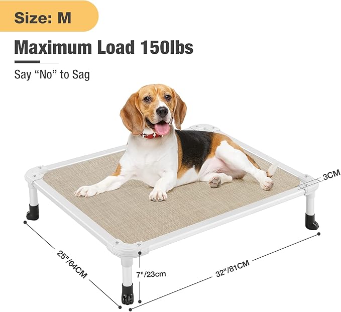 Veehoo Chew Proof Elevated Dog Bed - Cooling Raised Pet Cot - Silver Aluminum Frame and Durable Textilene Mesh Fabric, Unique Designed No-Slip Feet for Indoor or Outdoor Use, Beige Coffee, Medium-Mewly Pet