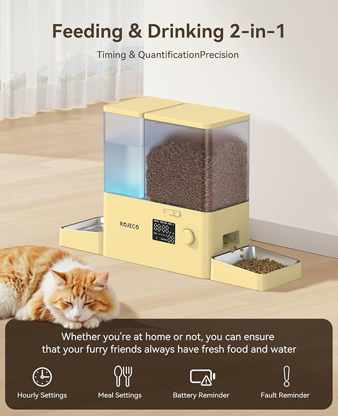 Rojeco 36Cups/8.5L Pet Automatic Cat Feeder and Gravity Water Dispenser,Stainless Steel Bowls 2-in-1 Set Large Capacity 5L Food Feeder and 3.5L Water Fountain for Cats,Pets,Small Dogs,Yellow-Mewly Pet