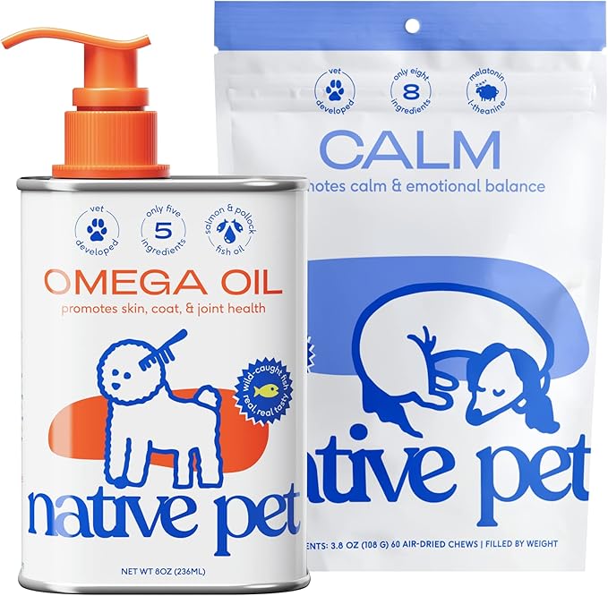 Native Pet Omega Oil for Dogs - Dog Fish Oil Supplements & Calming Chews | Dogs Anxiety Relief Treats & Dog Relaxants | 8 Oz. & 60 Chews-Mewly Pet