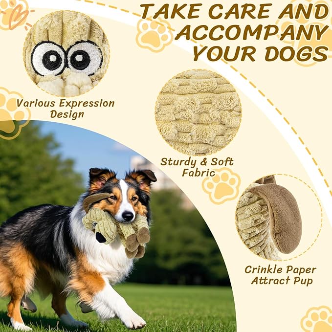 Squeaky Stuffed Dog Toys, Chew Toy for Large Medium Small Breeds, Plush Dog Toys to Keep Them Busy, Puppy Teething Dog Toy, Crinkle Dog Toy (Khaki Dog)-Mewly Pet
