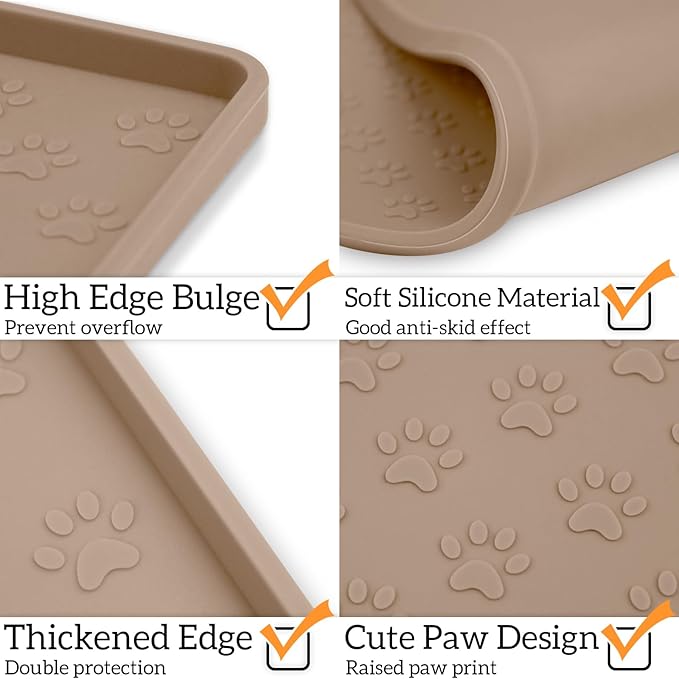 Ptlom Silicone Dog Food Mat Waterproof Pet Feeding Mat with High-Lips, Anti-Slip Dog Bowl Mat for Food & Water, Non-Spill Puppy Feeding Tray for Small, Medium & Large Dogs and Cats, Taupe-Mewly Pet