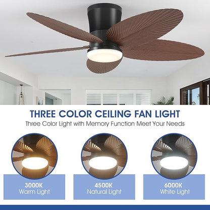 Palm Leaf Ceiling Fans with Lights-42 Tropical Ceiling Fan with Light and Remote/APP Control,Flush Mount Low Profile Ceiling Fans for Bedroom,Indoor/Outdoor Patio Use(Brown)