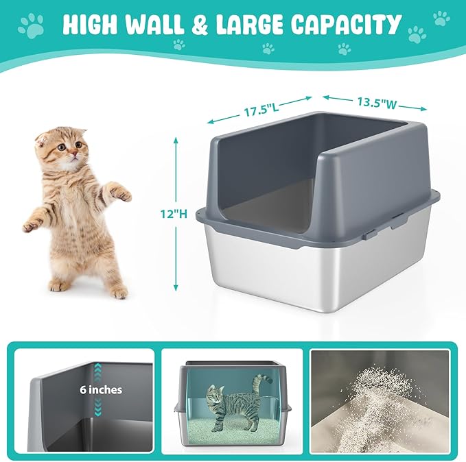 Litter Box with Lid, Stainless Steel Litter Box, 12" Metal Litter Pan High Sides, Small Litter Tray for Kittens, Cat Litter Tray Covered Grey, Easy Clean-Mewly Pet