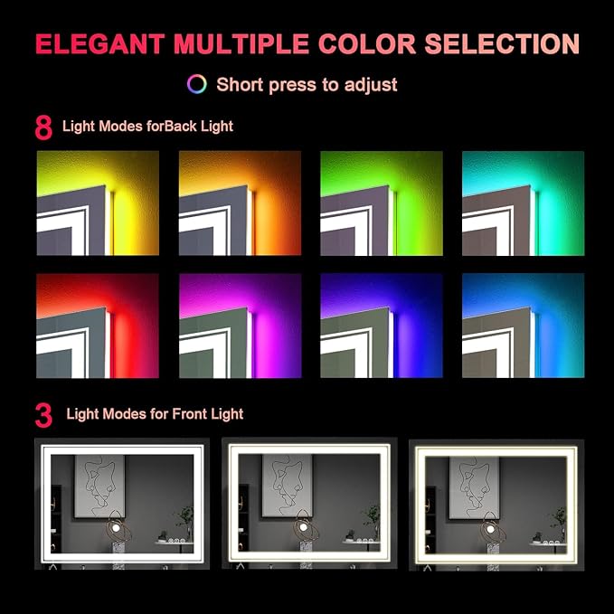LED Mirror for Bathroom, 40"X30" with 8 RGB Backlit +3 Front Lit (Adjustable Individually), Anti-Fog, Lighted Bathroom Vanity Mirror for Wall, Shatterproof, Memory Function, Tempered Glass