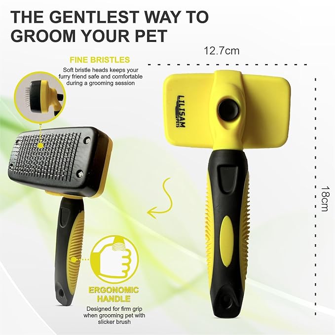 Pet Self Cleaning Slicker Brush and Grooming Comb - Gently Removes Loose Hair, Tangles, and Dirt - Skin Friendly Deshedding Grooming Tool for Hair Dogs & Cats - Pet Supplies Accessories (Yellow)-Mewly Pet
