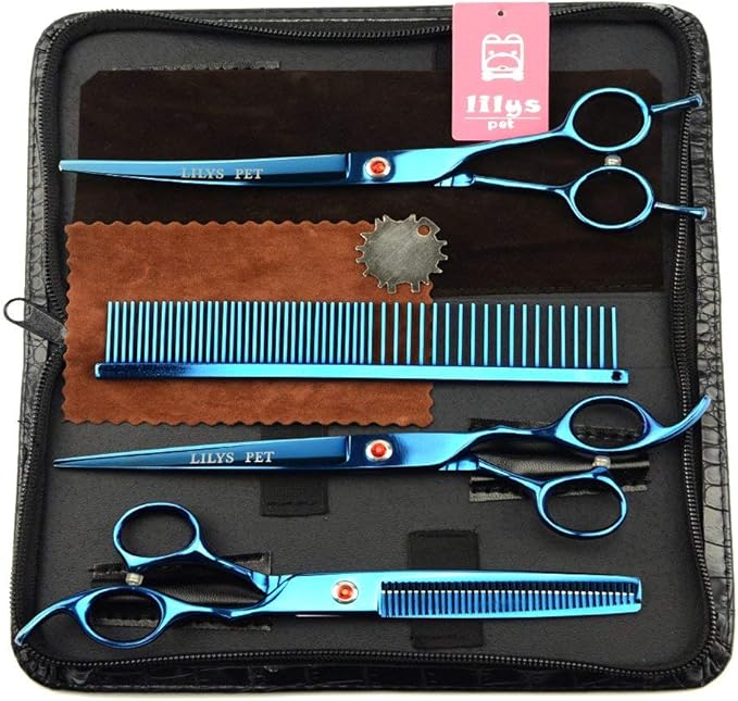LILYS PET Professional PET Grooming scissors Kit,Coated Titanium,Sharp and Strong Stainless Steel Blade for Dogs Cats Hair Cutting,3 Pieces of Scissors with a Comb and a Case (7.5 inches, Blue)-Mewly Pet