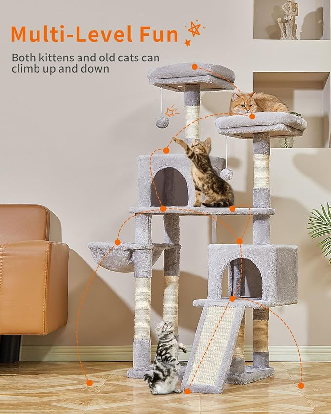 Taoqimiao 56.3-Inch Cat Tree, Cat Tower with Scratching Posts, Cat Tree House for Indoor Cats with hammocks, Toys, Condo and Large Scratch Board, Light Gray MS012W-Mewly Pet