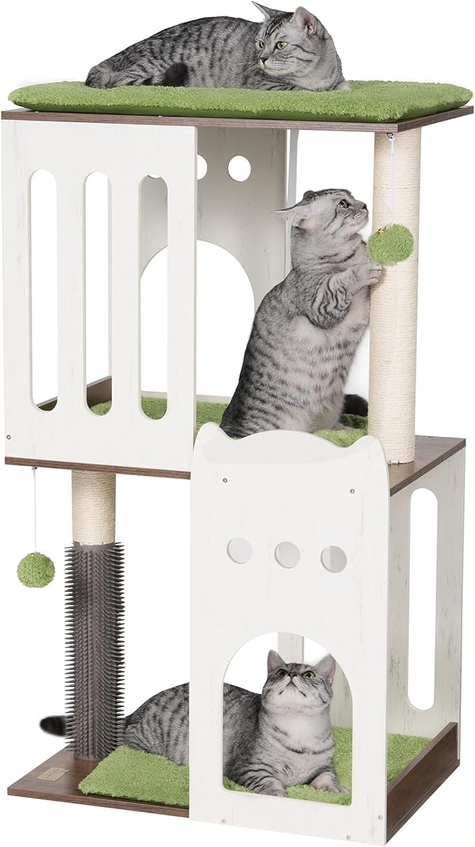 FourFurPets 43.7in 3-Tier Modern Cat Tree Tower Condo, Cat Scratch Posts for Indoor Cats, Big Plate, Two 19.7in Full Sisal Scratching Posts, White-Mewly Pet