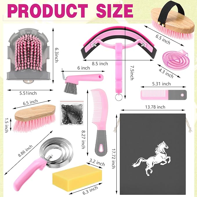 Abbylike 12 Pieces Horse Grooming Kit Racing Festival Tack Room Supplies Horse Brush Sets Equine Care Cleaning Kit Shedding Grooming Massaging Tools(Pink and Grey)-Mewly Pet