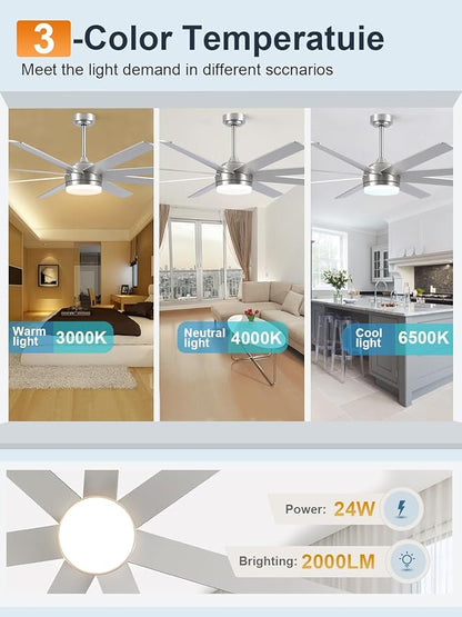 YUHAO 62 Inch Brushed Nickel Ceiling Fan with Light and Remote Control.Noiseless,Dimmable,3CCT,6 Speeds Reversible, DC Ceiling Fans for Indoor or Covered Outdoor