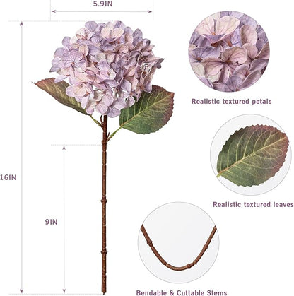 Artificial Flower Fake Silk Hydrangea Heads Bouquet With Stems Bulk for Fall Decoration Table Center Christmas Indoor Outdoor Faux Floral Realistic With Leaves Plants Crafts 8PCS(Pale Purple)