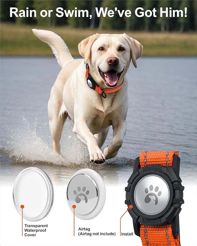 TagME Airtag Dog Collar,Waterproof Reflective Pet Collar with Airtag Holder,Soft Padded and Double D-Rings for Large Dogs,Orange-Mewly Pet