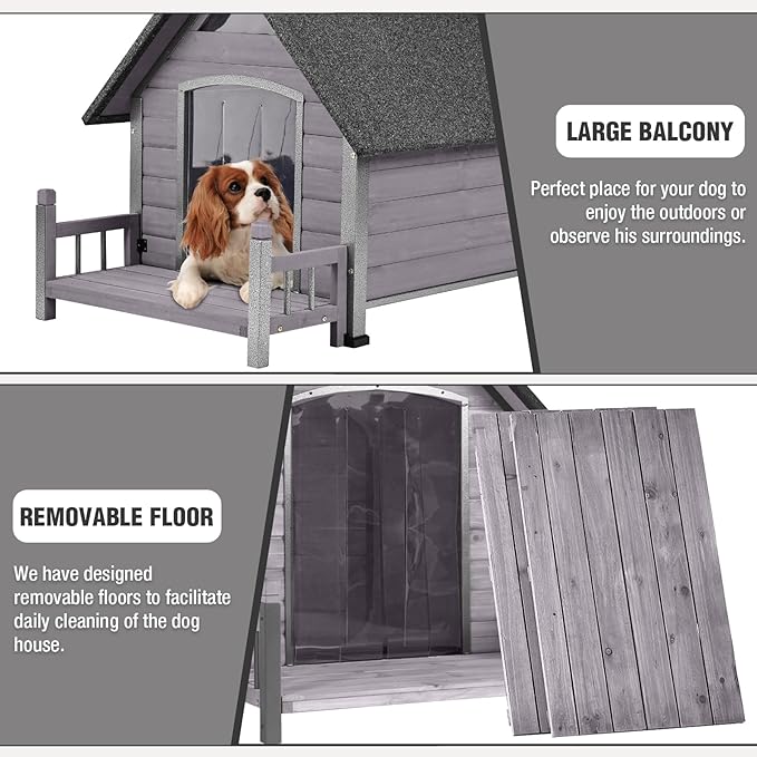 Dog House Outdoor with Anti-Chewing Iron Frame, Weatherproof Dog Kennel for Small Medium Large Dogs Indoor (Grey, 45" x 32.9" x 32.6")-Mewly Pet